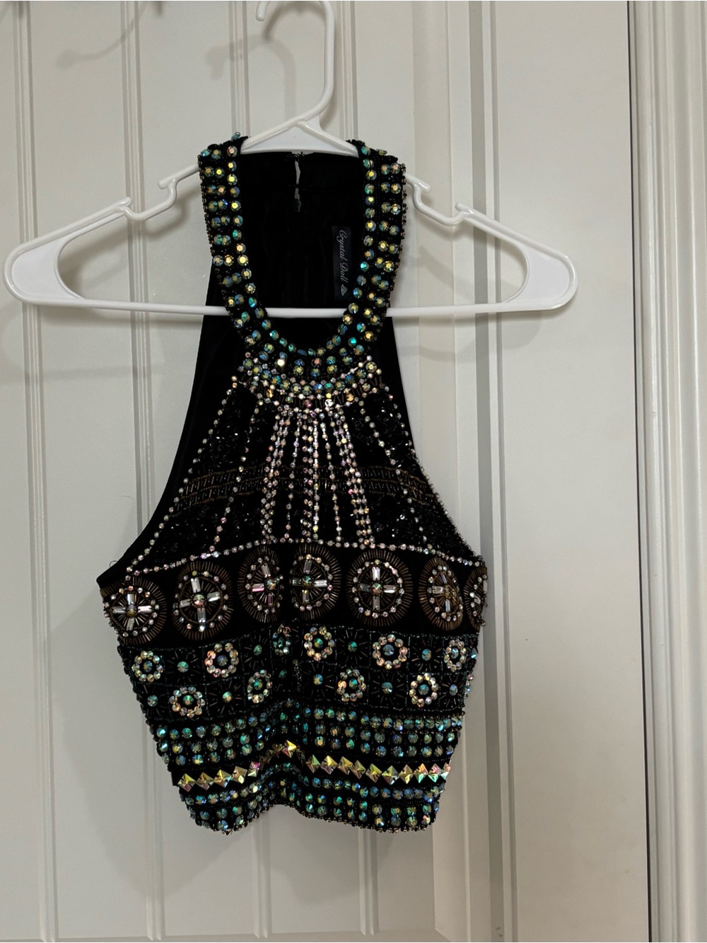 Crystal doll embellished Black Beaded Halter Crop Top